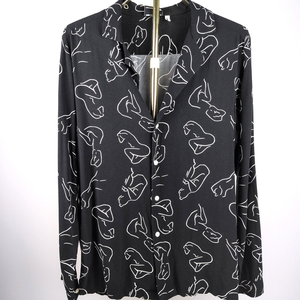 ASOS Men Medium Button Down Shirt Black White Abstract Body Scribble Print